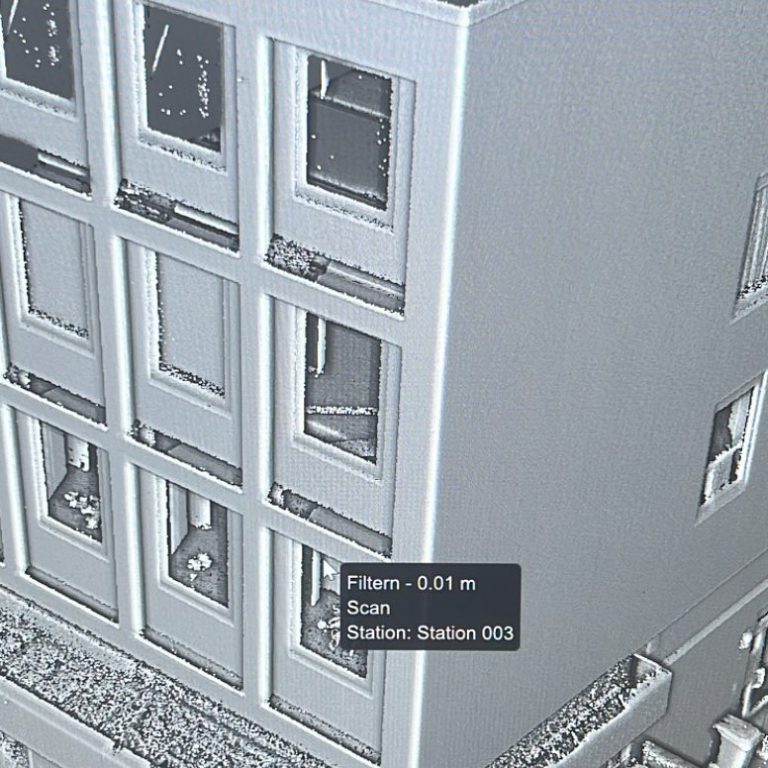 Punktwolke außen Graues 3D-Modell eines Gebäudes mit Fenstern und einem sichtbaren Systemstatus.